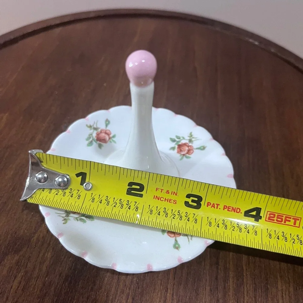 Vtg Cottagecore Pink Rose Porcelain Ring Holder Scalloped Floral Jewelry Dish